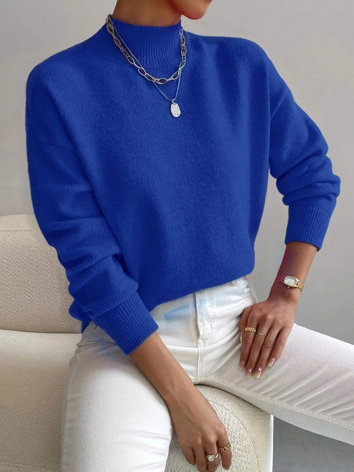 Women's Sweater Soft Knit Raised Neckline Straight Fit