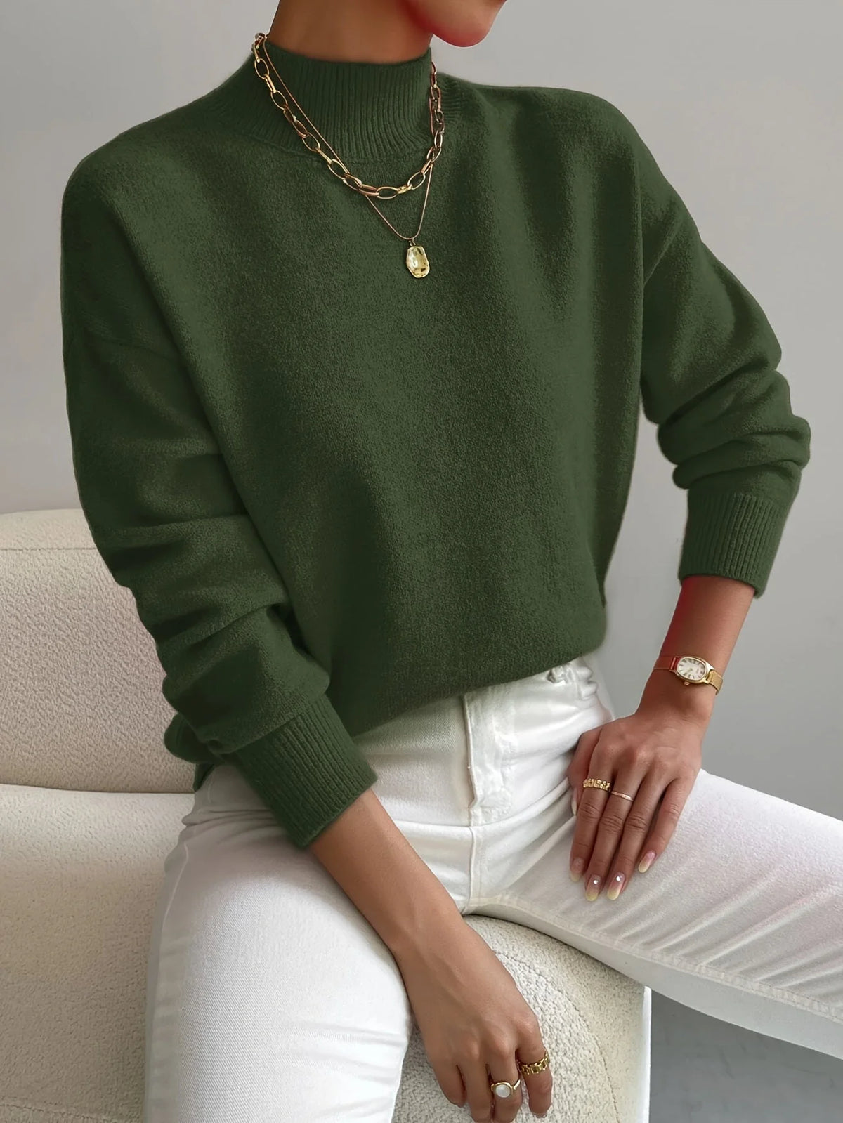 Women's Sweater Soft Knit Raised Neckline Straight Fit