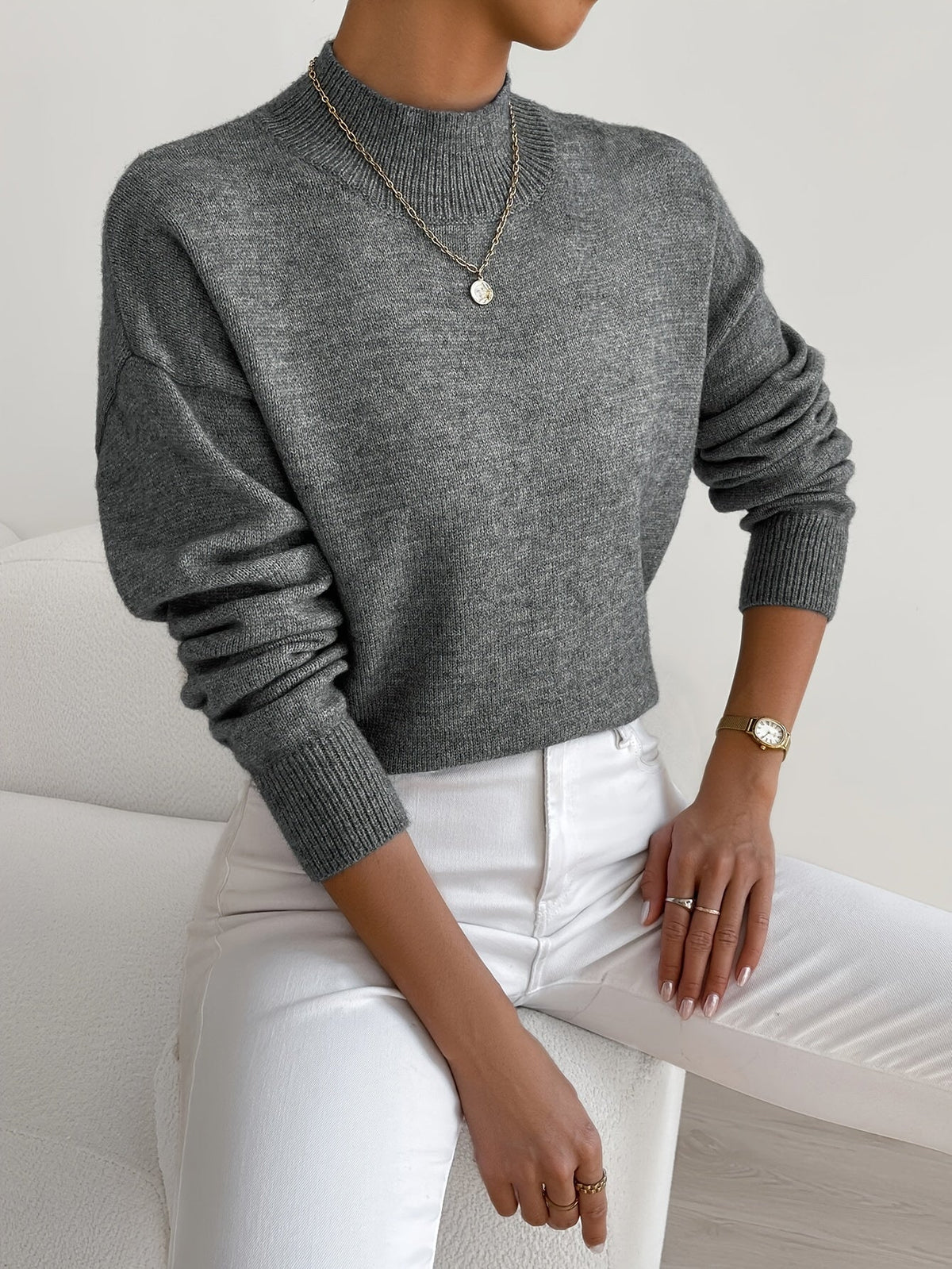 Women's Sweater Soft Knit Raised Neckline Straight Fit