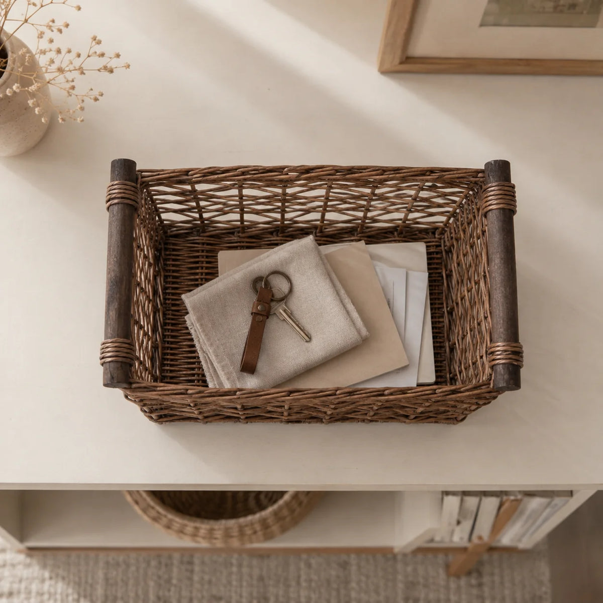 Woven Storage Basket Handwoven Natural Fiber Handles