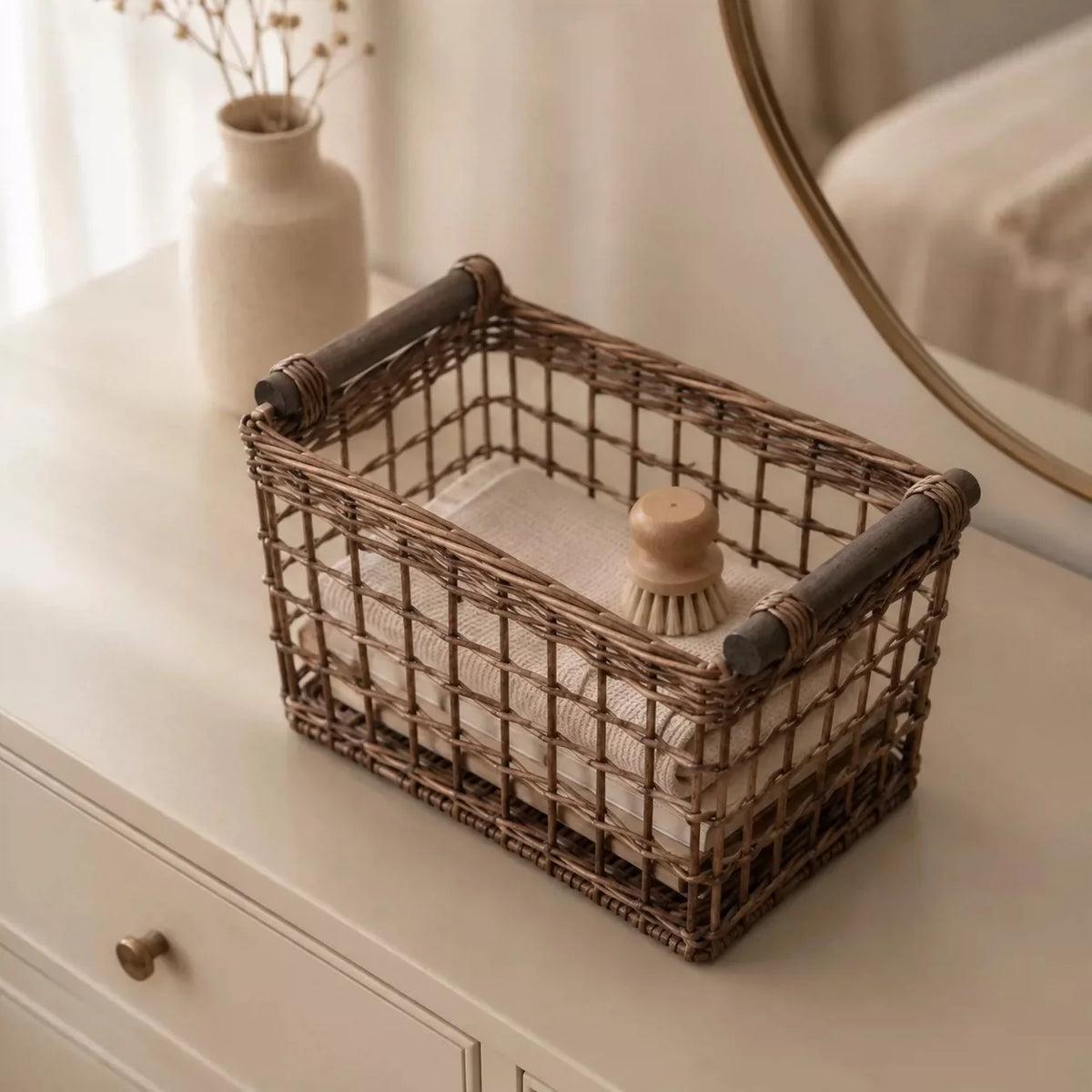 Woven Storage Basket Handwoven Natural Fiber Handles